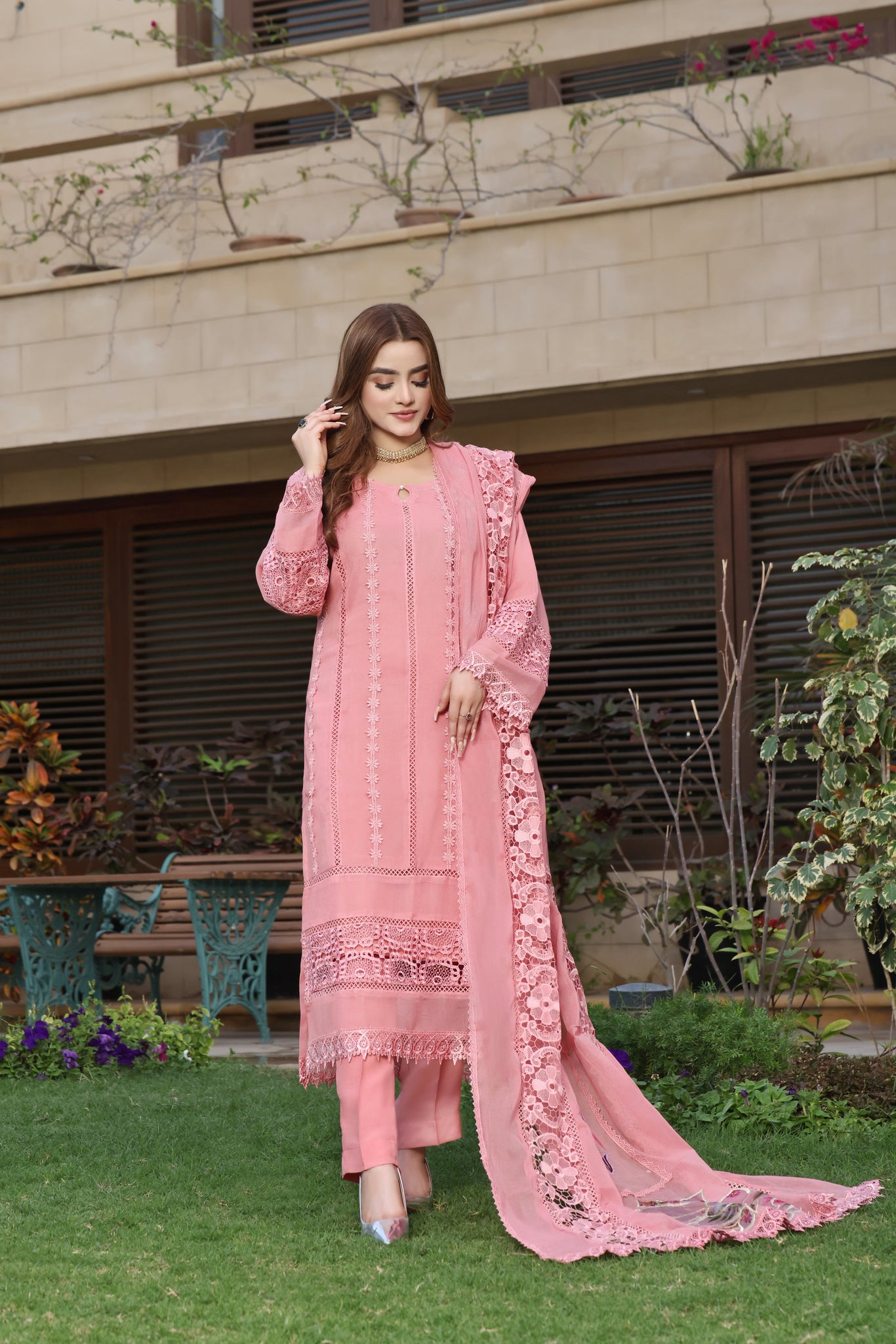 Dusty Rose Lace-Detailed Dress