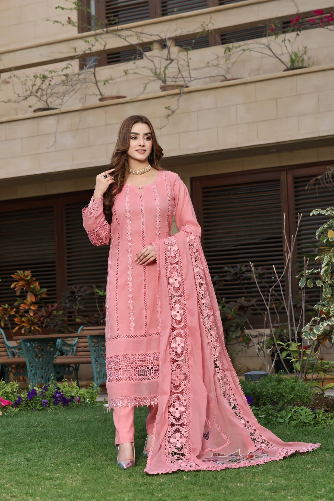 Dusty Rose Lace-Detailed Dress