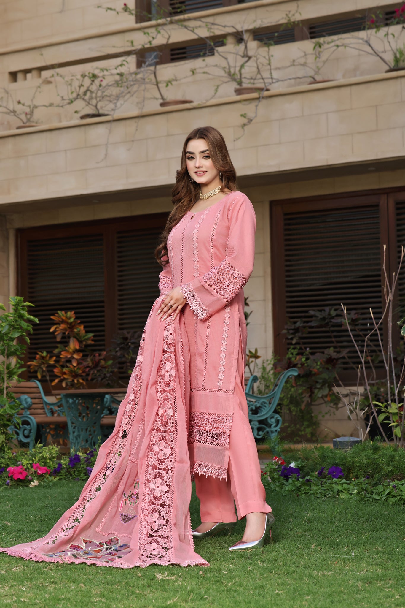Dusty Rose Lace-Detailed Dress