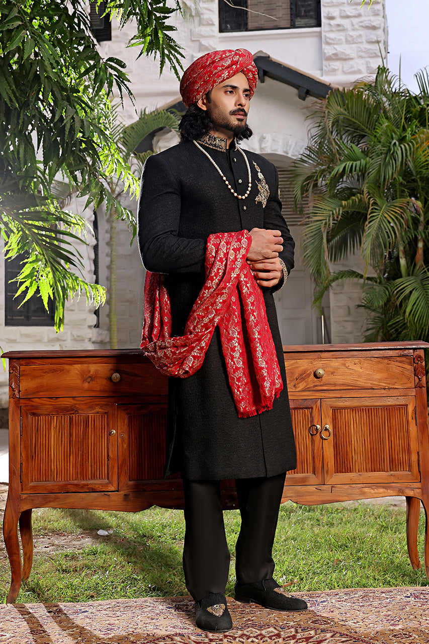 The Royal Groom — Black & Gold Embroidered Sherwani Set