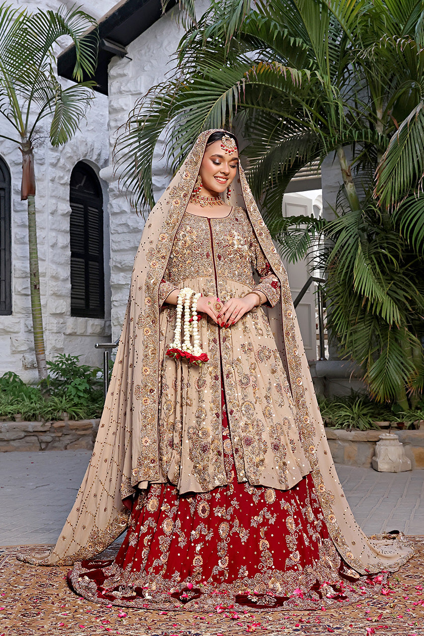 Desert Rose — Champagne & Crimson Heavy Embroidered Bridal Angrakha Lehenga Set