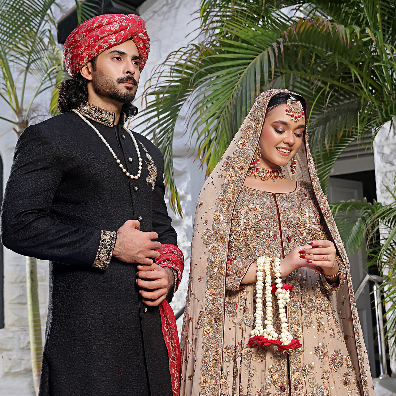 Desert Rose — Champagne & Crimson Heavy Embroidered Bridal Angrakha Lehenga Set