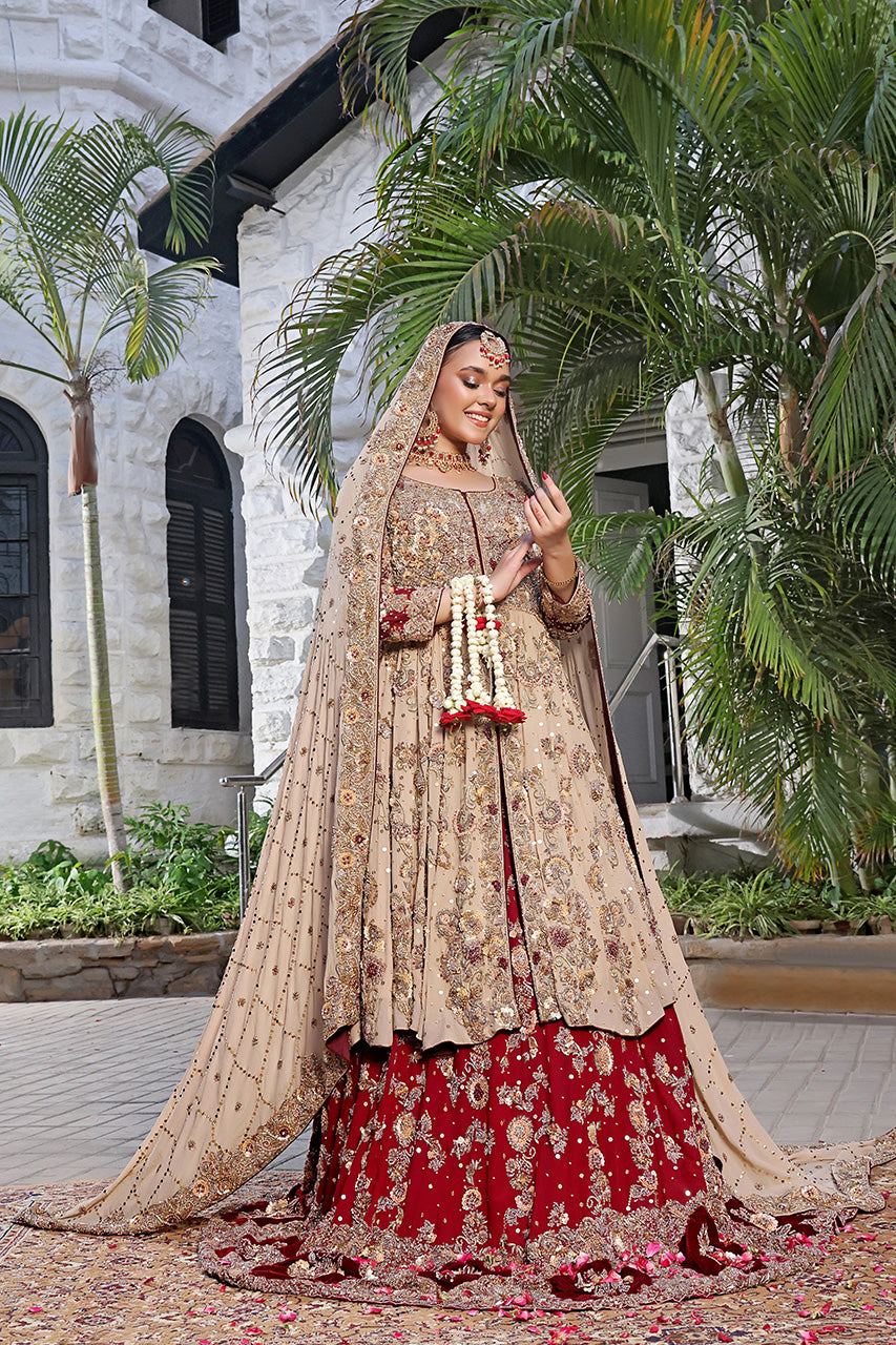 Desert Rose — Champagne & Crimson Heavy Embroidered Bridal Angrakha Lehenga Set