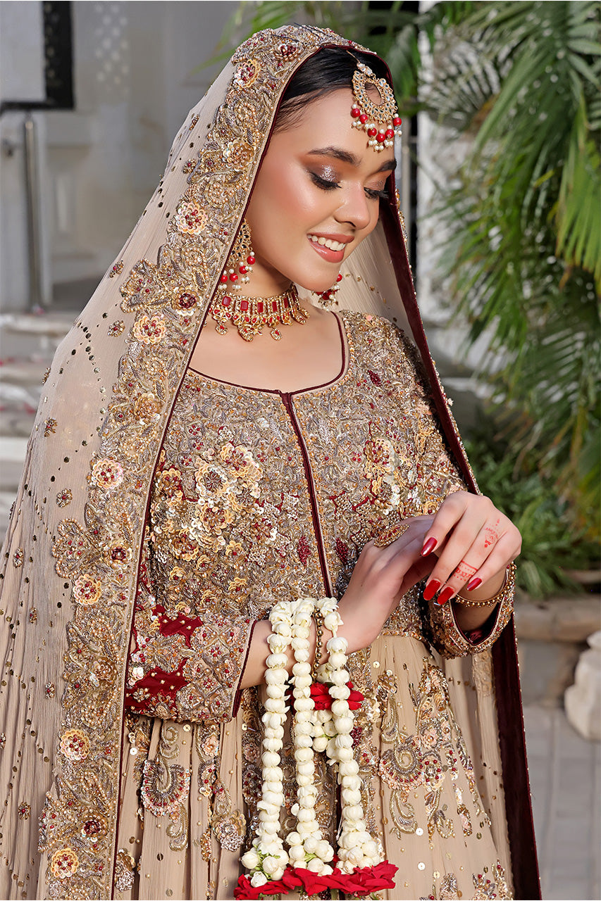 Desert Rose — Champagne & Crimson Heavy Embroidered Bridal Angrakha Lehenga Set