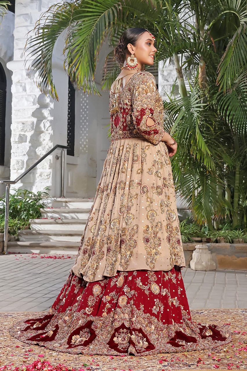 Desert Rose — Champagne & Crimson Heavy Embroidered Bridal Angrakha Lehenga Set