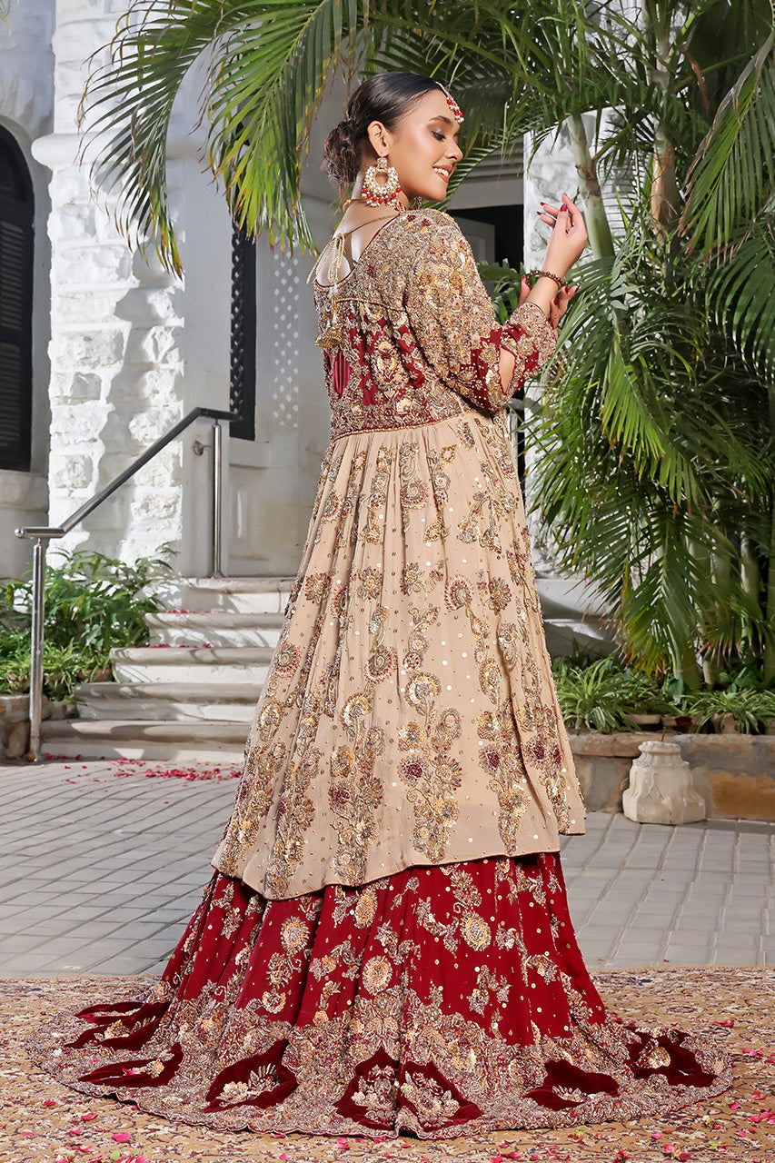 Desert Rose — Champagne & Crimson Heavy Embroidered Bridal Angrakha Lehenga Set