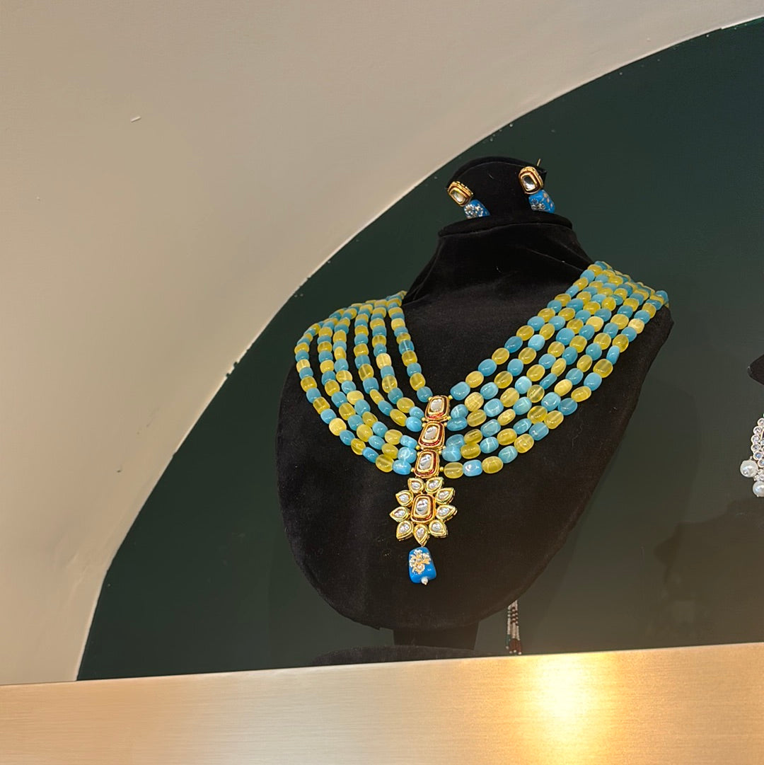 Long beaded skyblue and green necklace