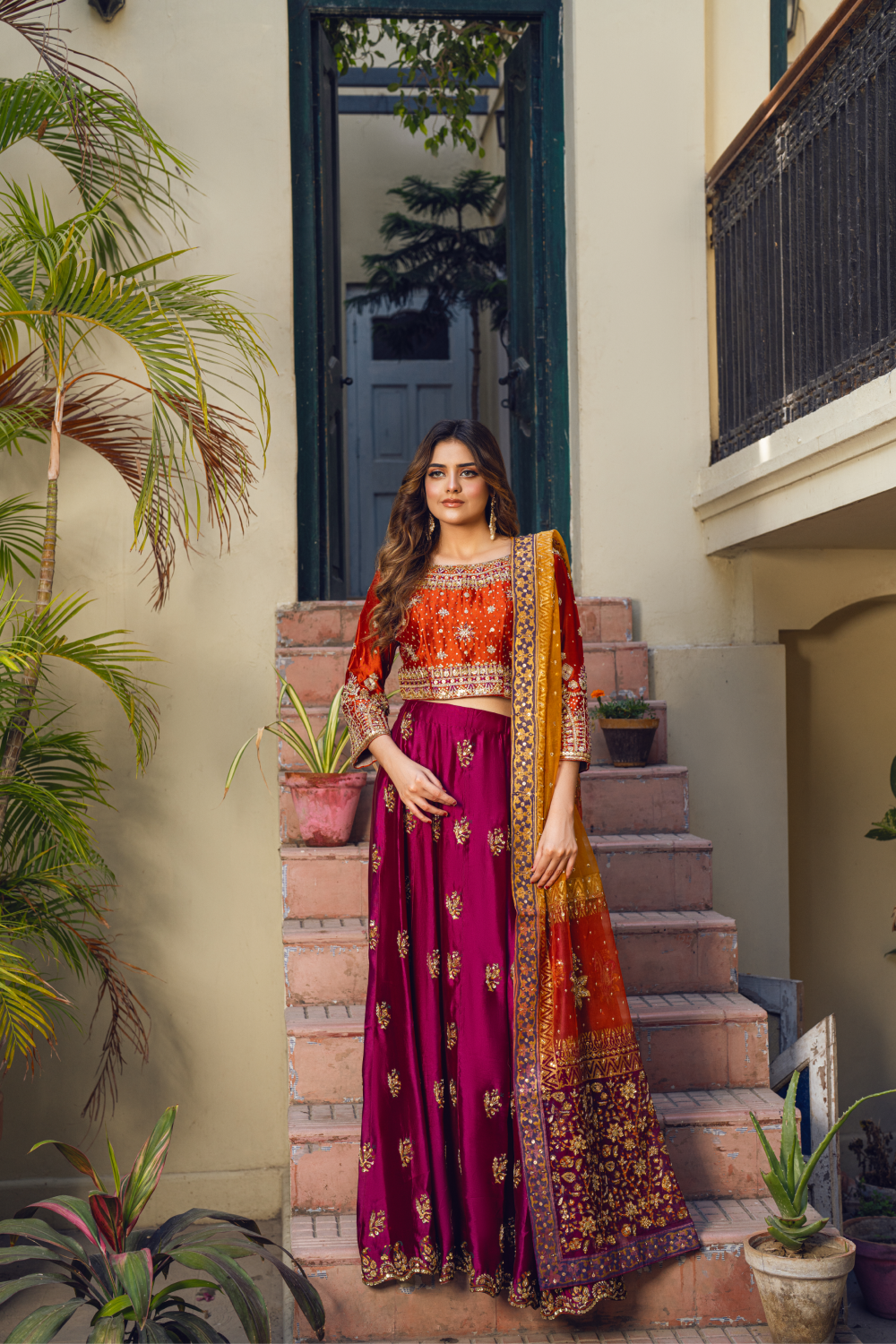 Maroon-Orange Lehenga Choli