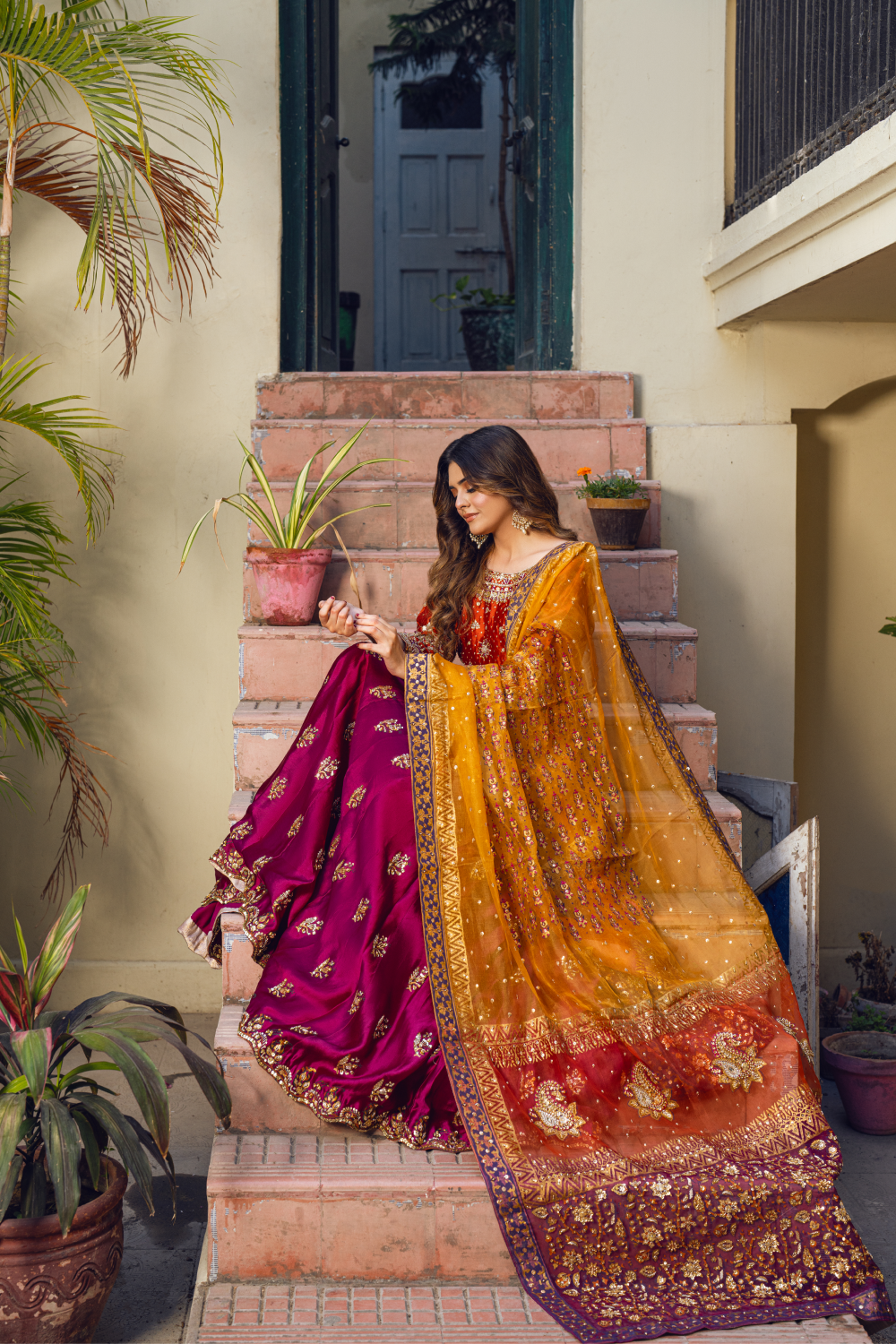 Maroon-Orange Lehenga Choli