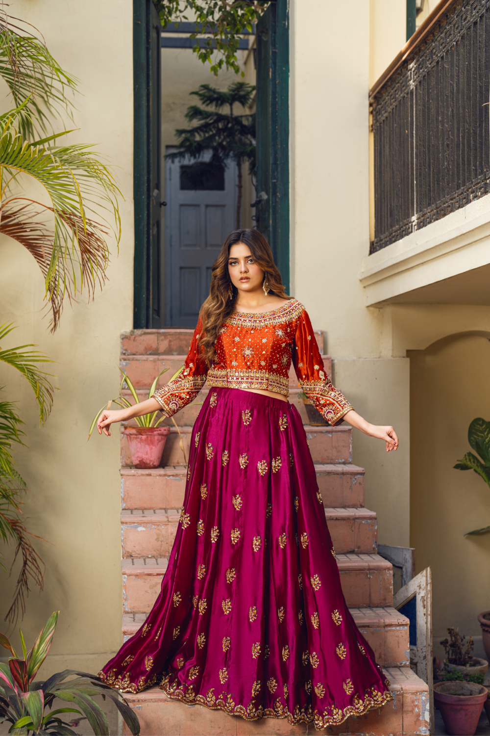Maroon-Orange Lehenga Choli