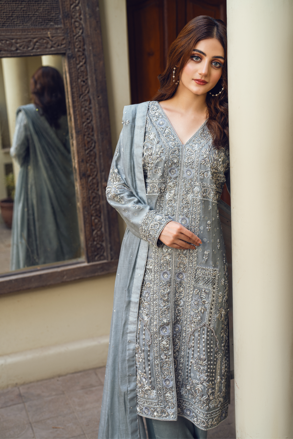 Grey Embroidered Pakistani Suit