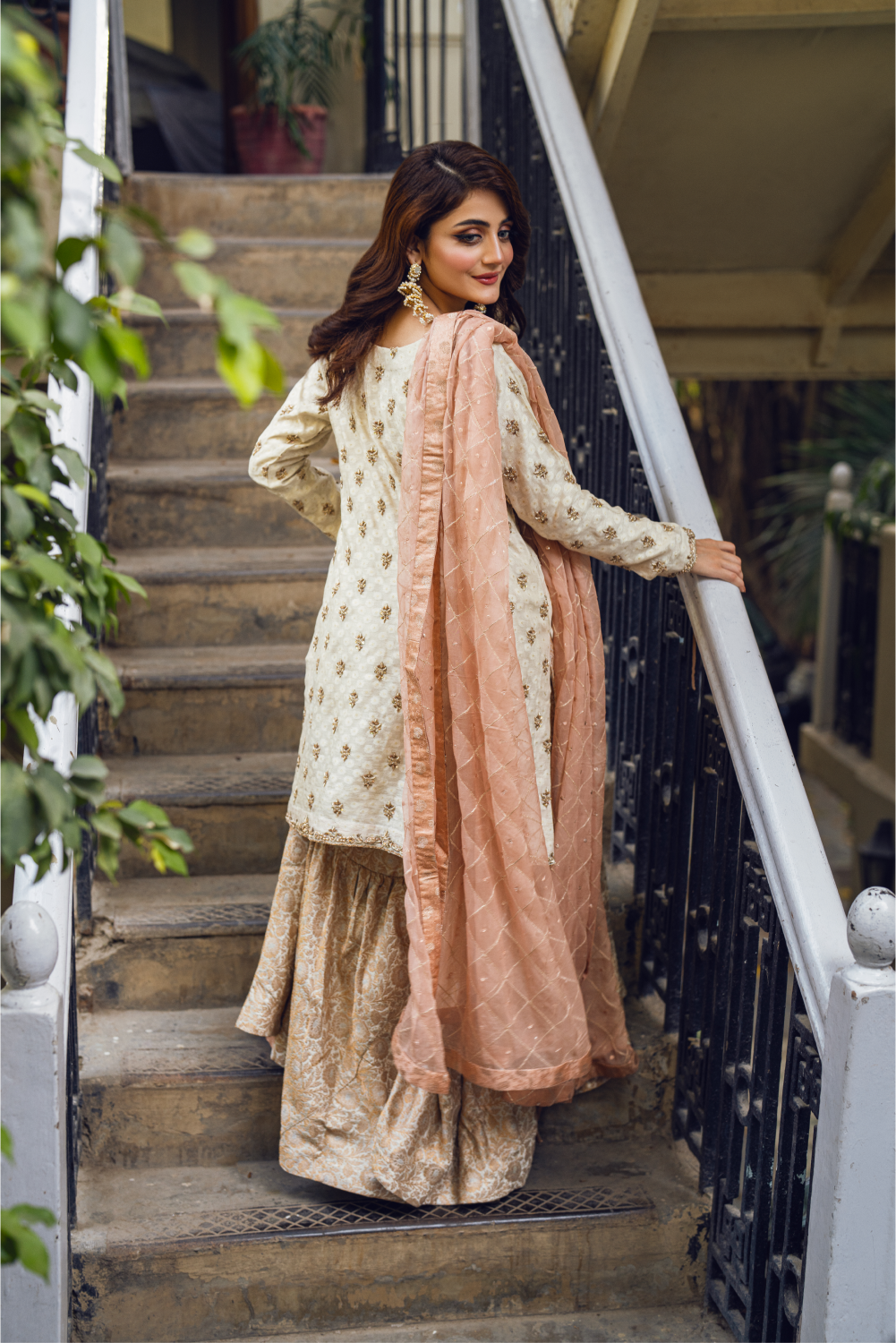 Cream Embroidered Sharara Set