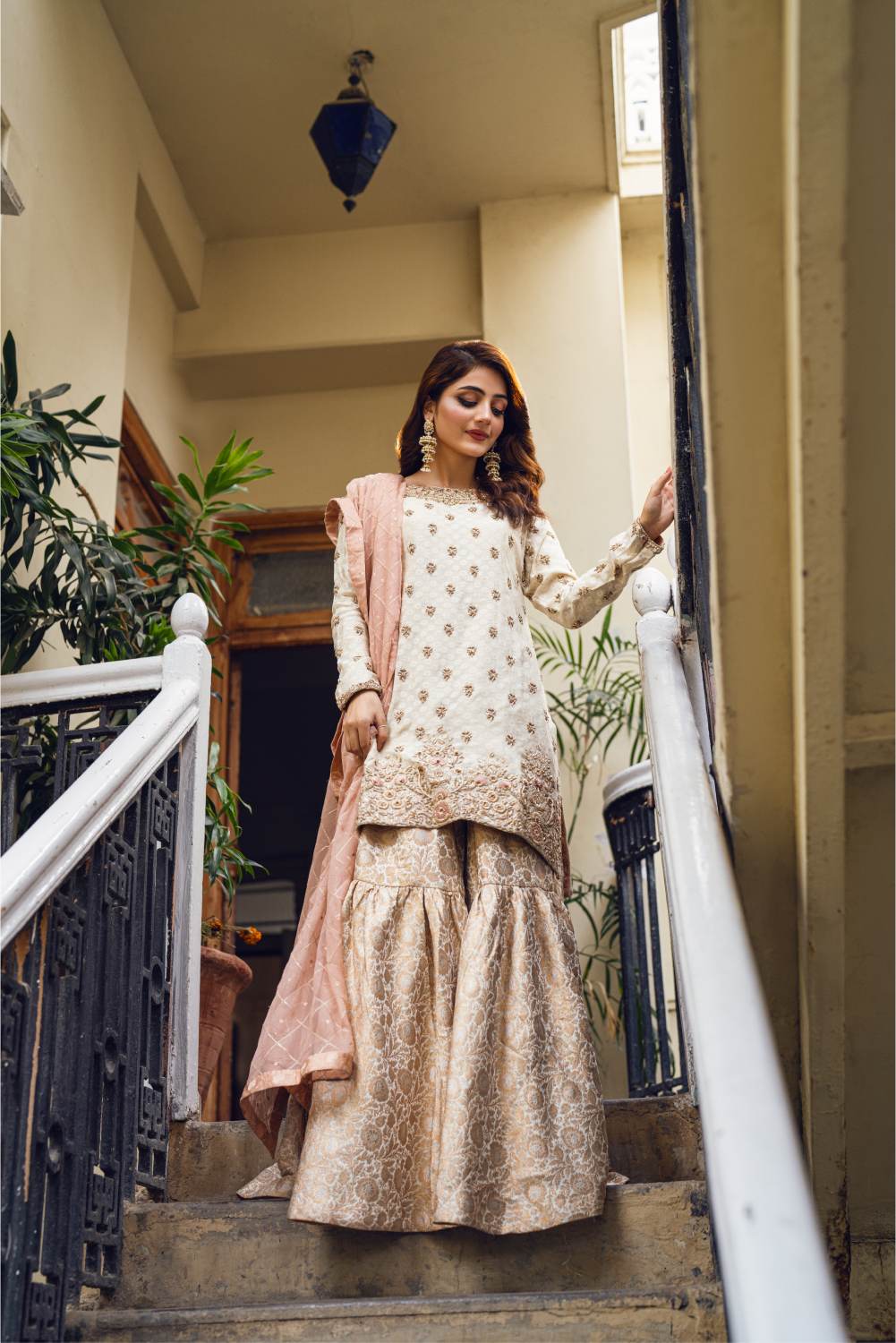 Cream Embroidered Sharara Set