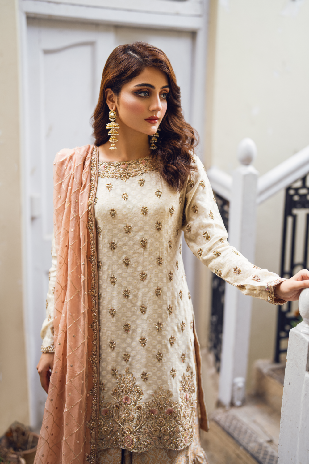 Cream Embroidered Sharara Set