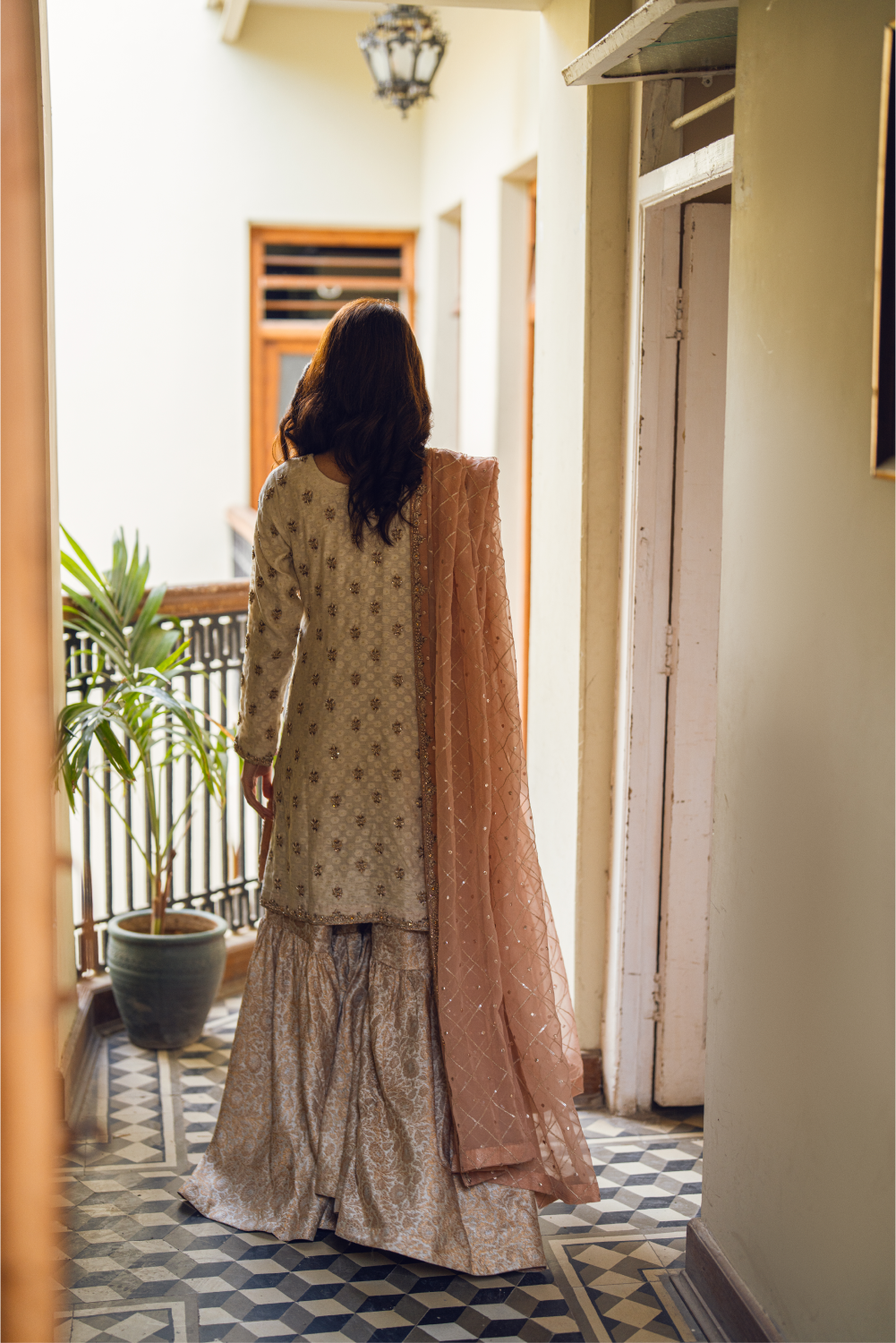 Cream Embroidered Sharara Set