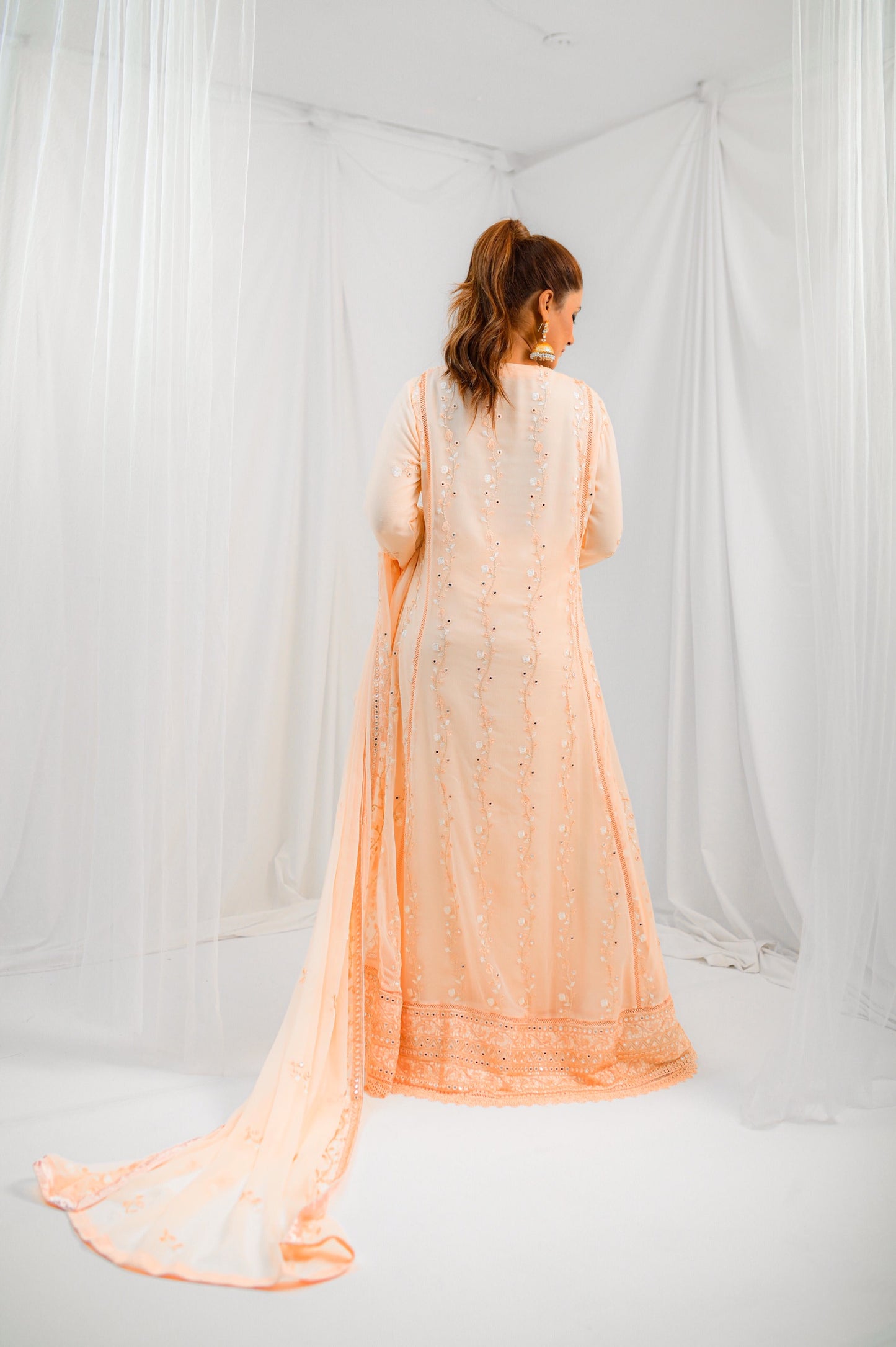 Elegant Peach Embroidered Long Dress