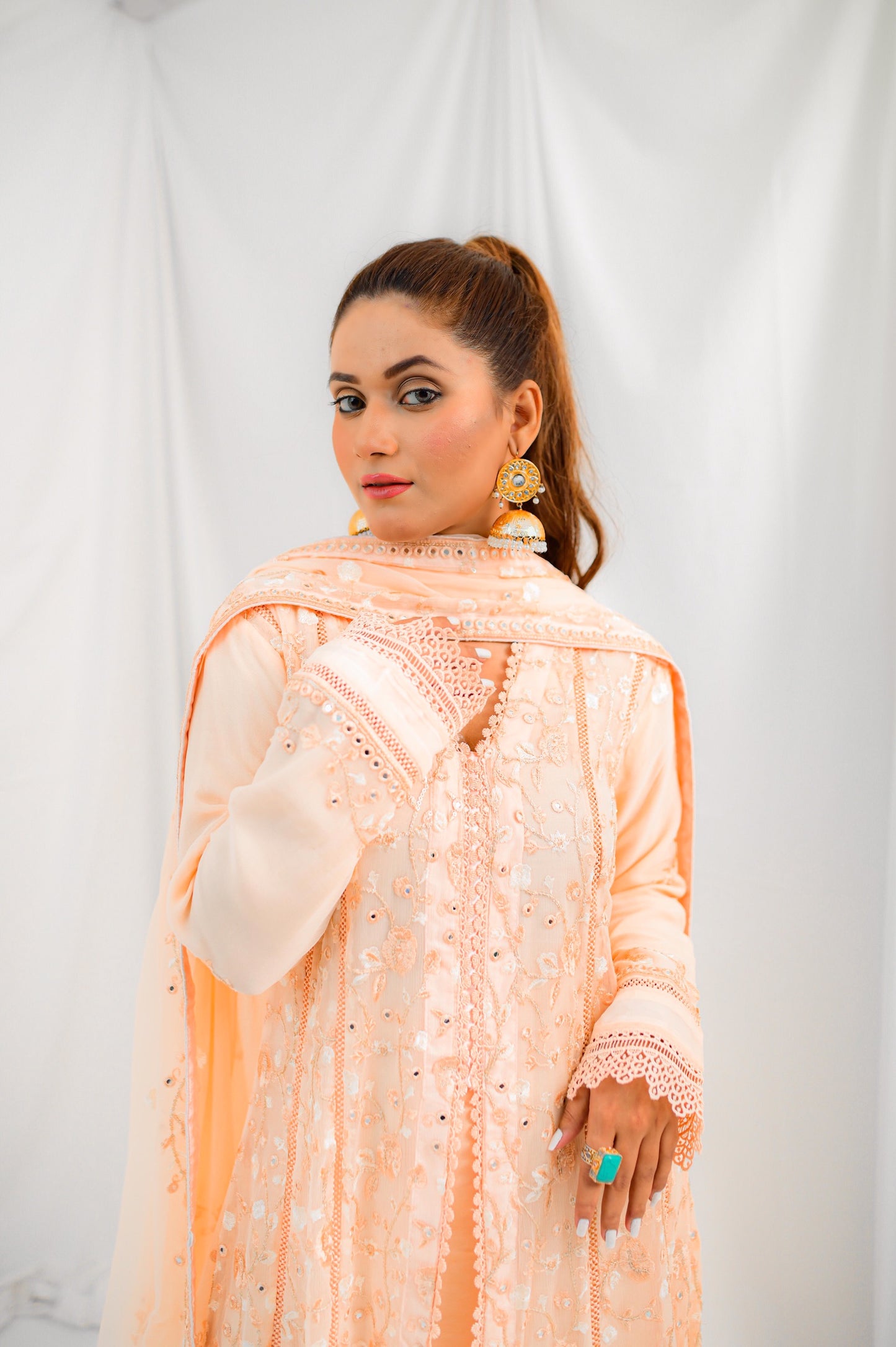 Elegant Peach Embroidered Long Dress