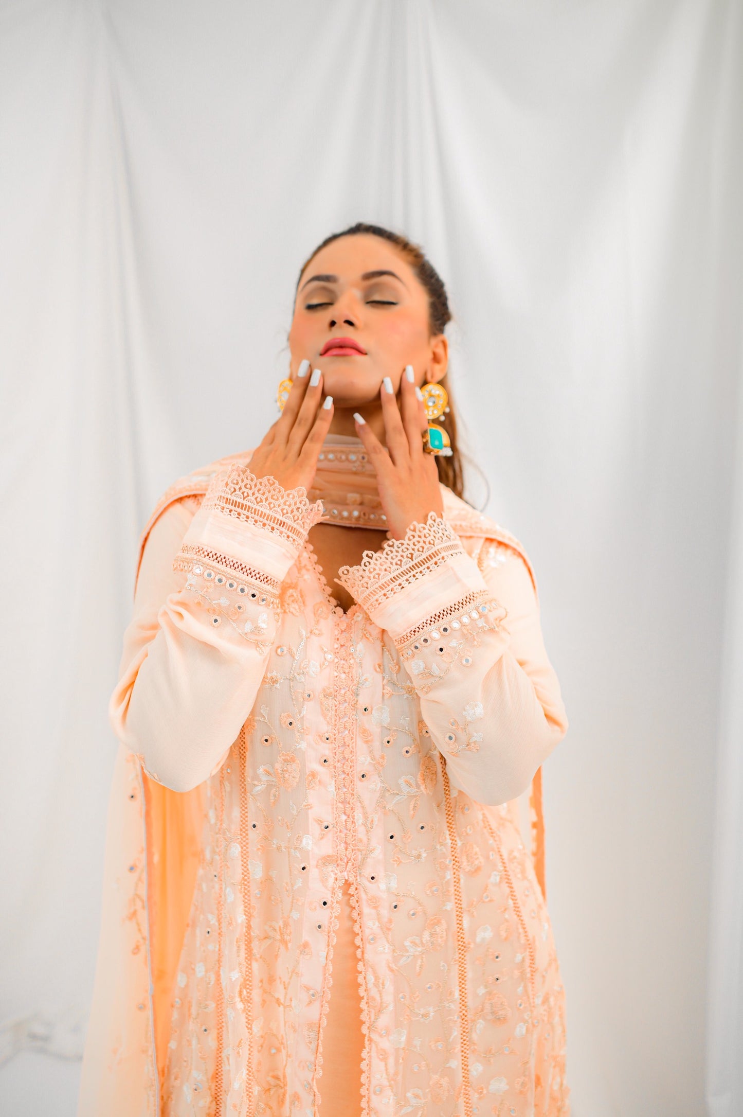 Elegant Peach Embroidered Long Dress