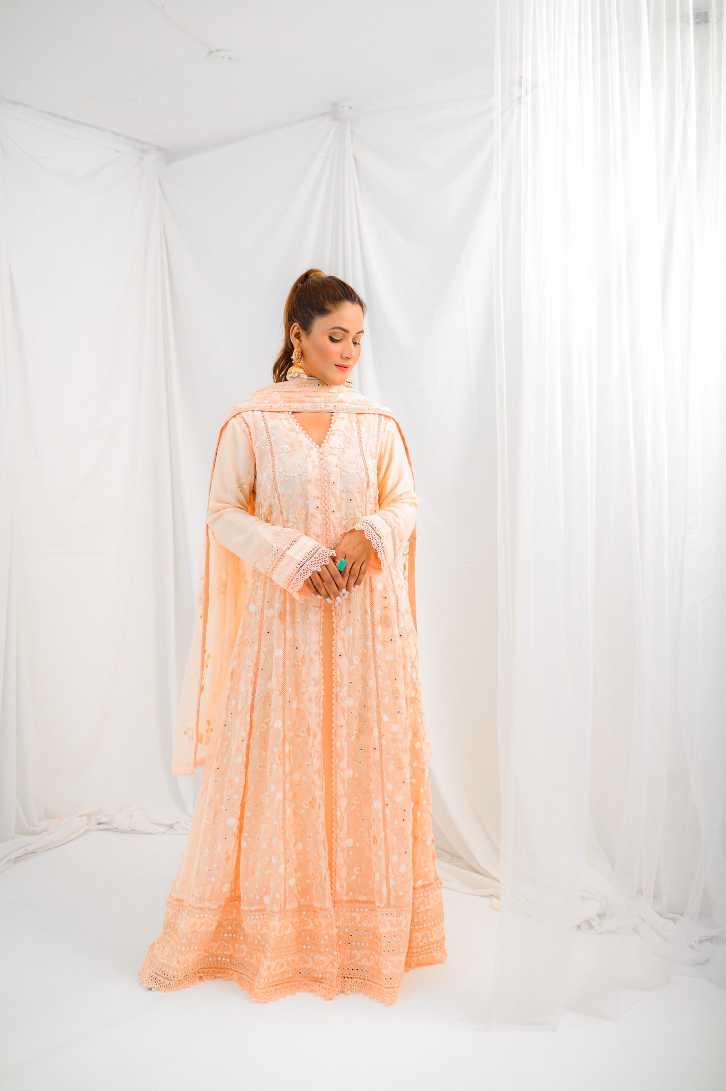 Elegant Peach Embroidered Long Dress