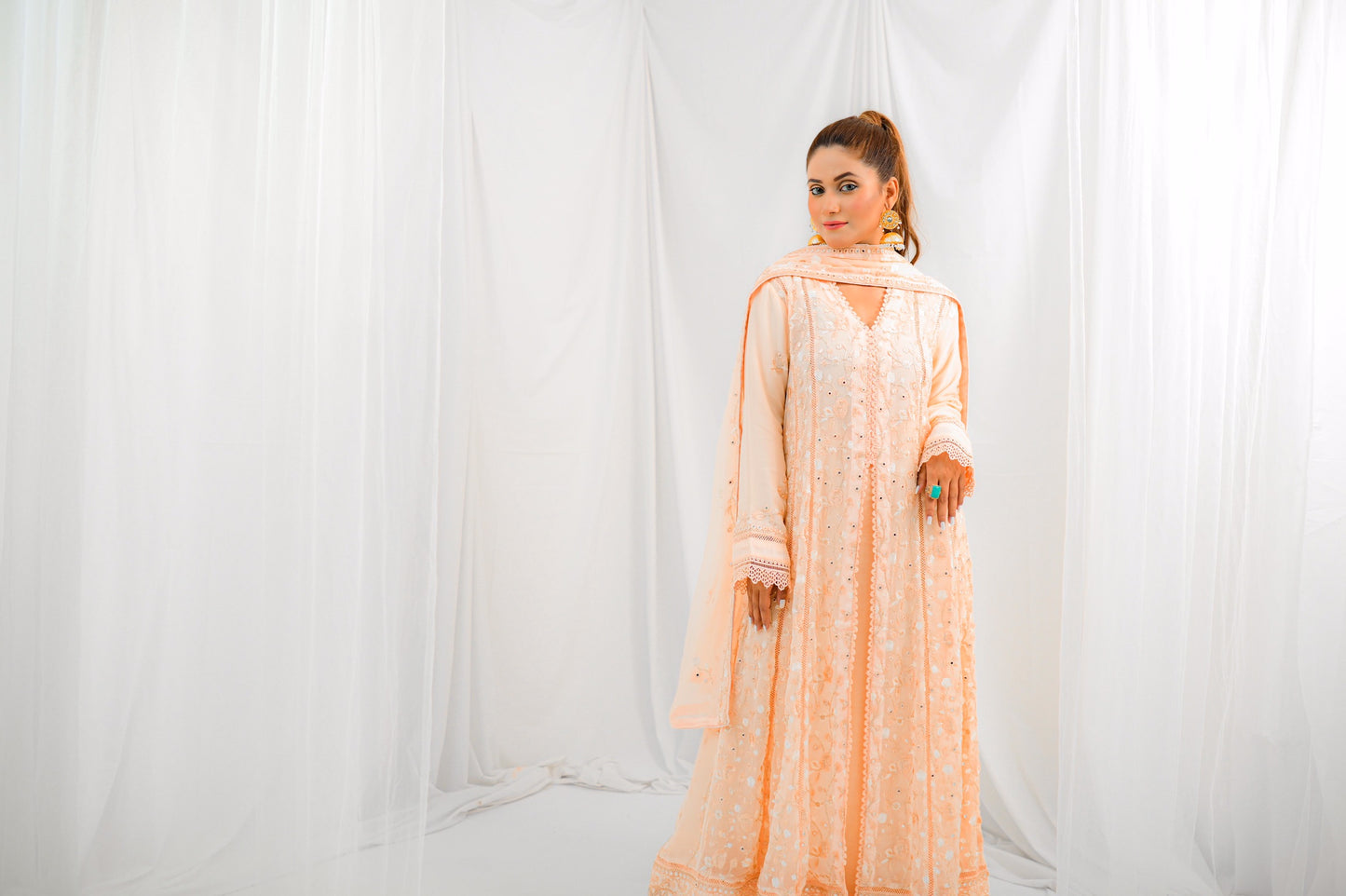 Elegant Peach Embroidered Long Dress