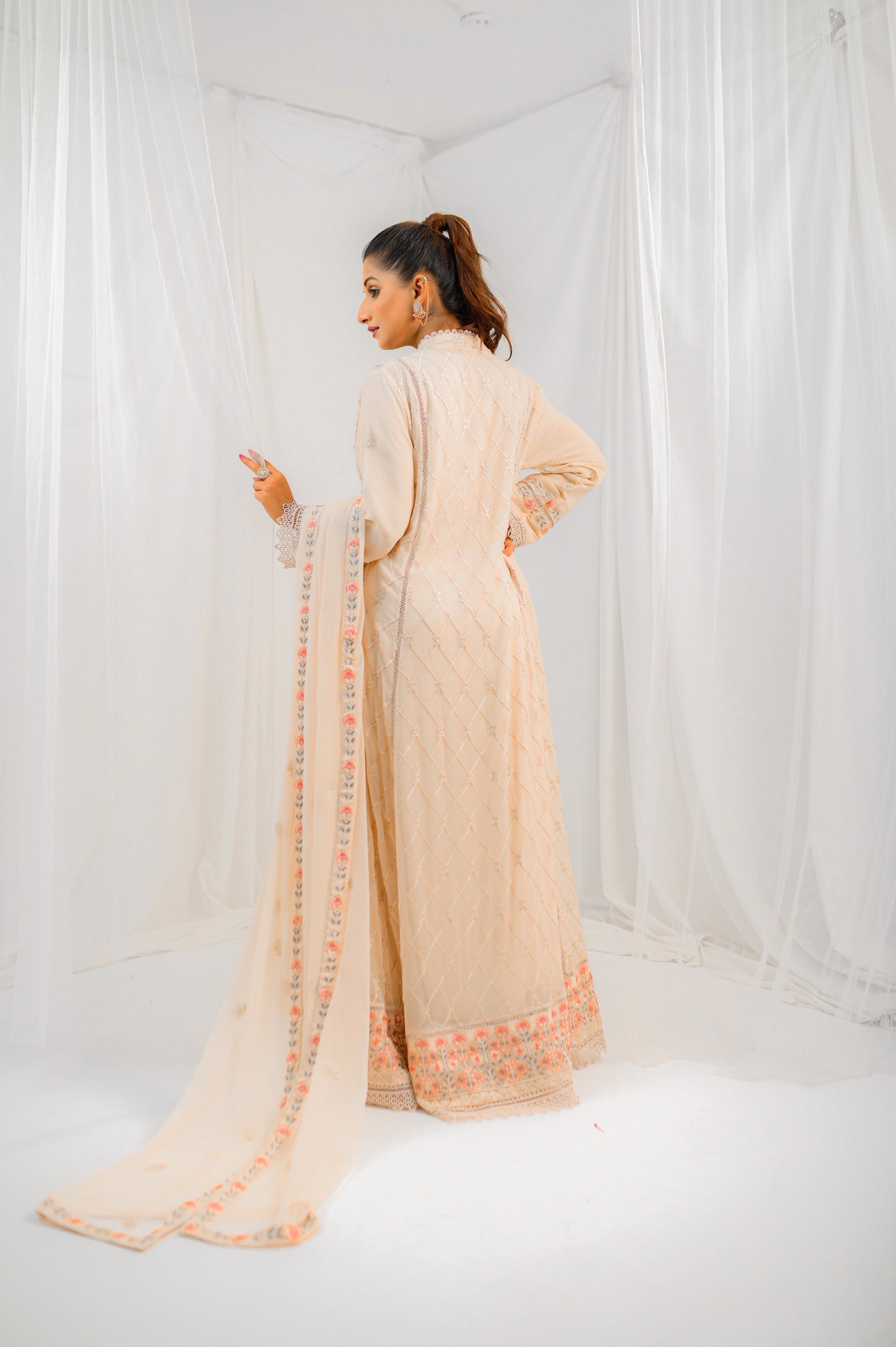 Elegant Peach Embroidered Long Dress
