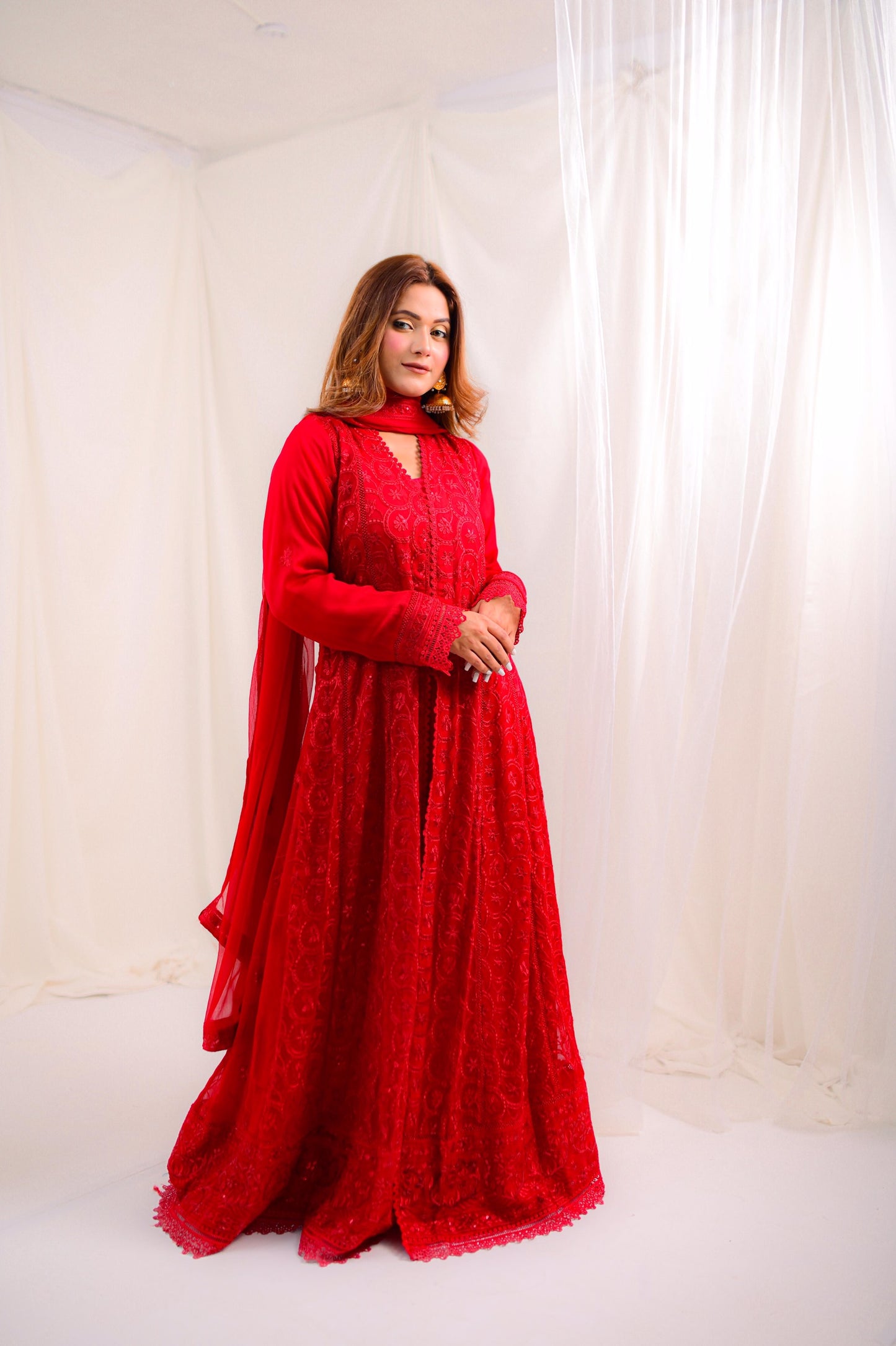 Radiant Elegance- Red Lace Anarkali Dress