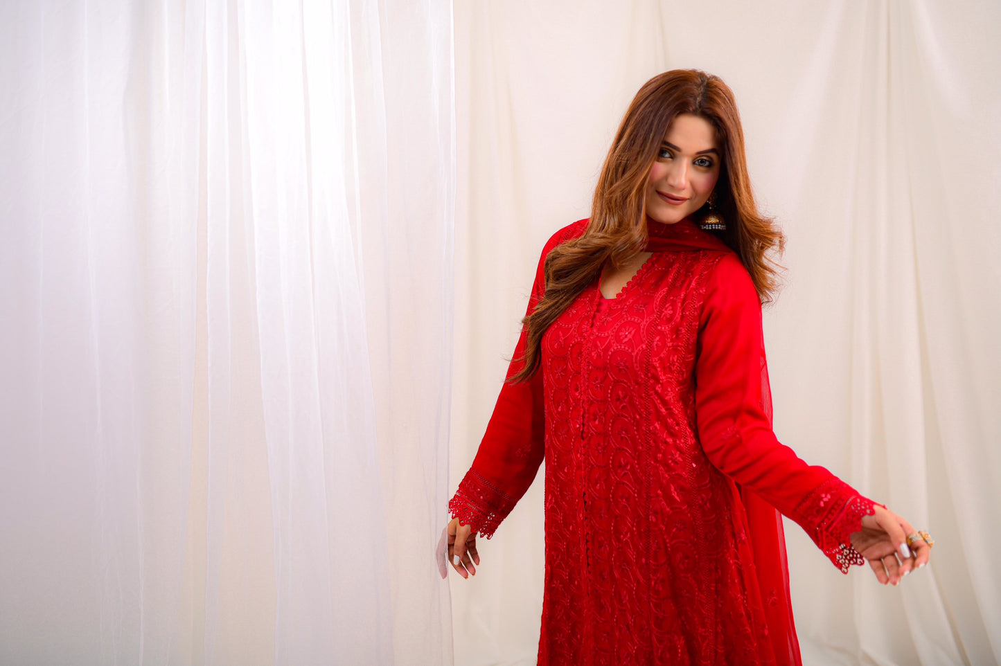 Radiant Elegance- Red Lace Anarkali Dress