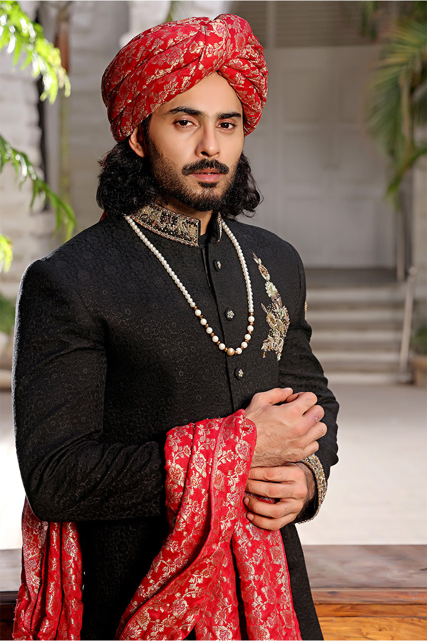 The Royal Groom — Black & Gold Embroidered Sherwani Set