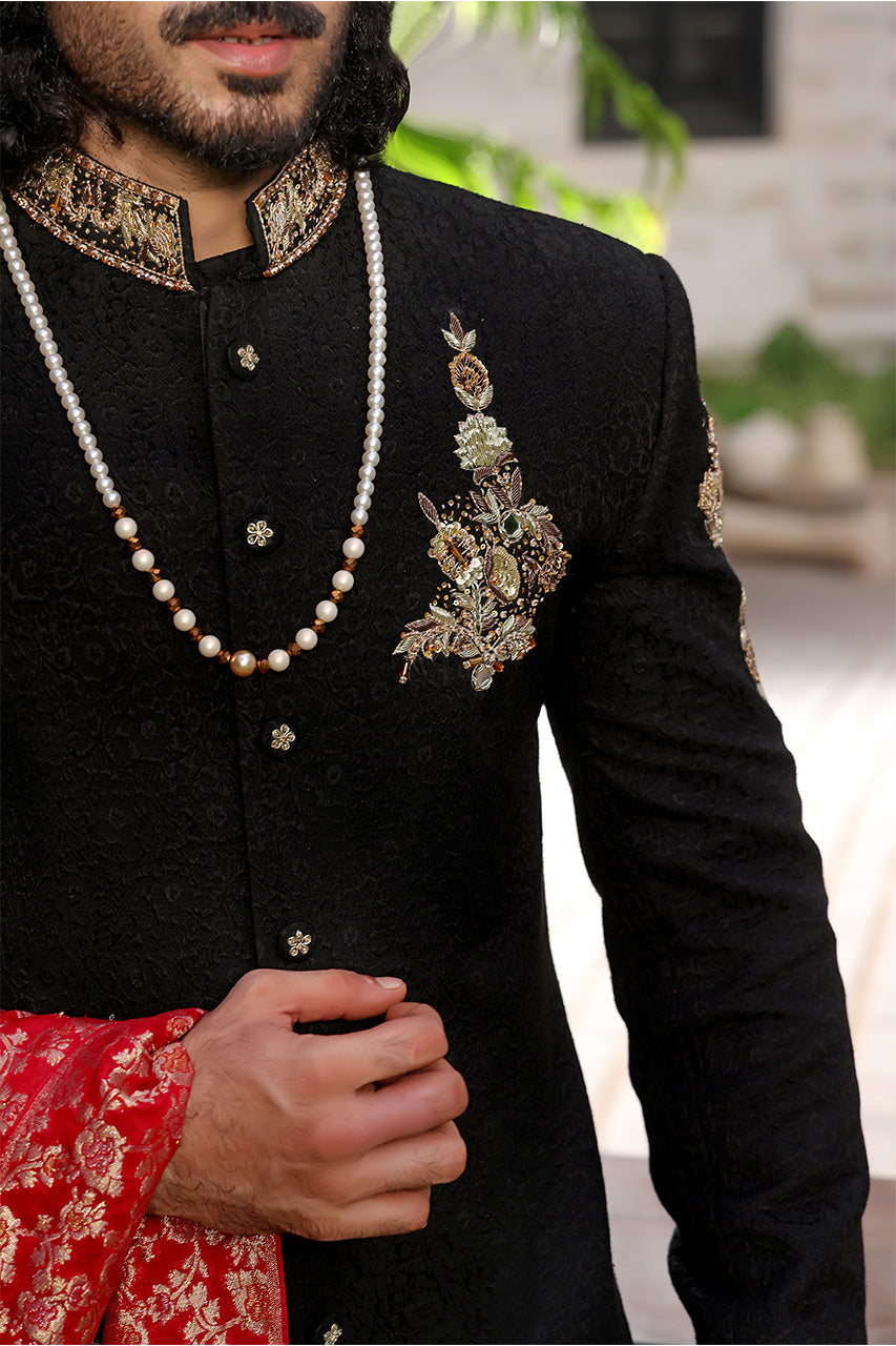 The Royal Groom — Black & Gold Embroidered Sherwani Set