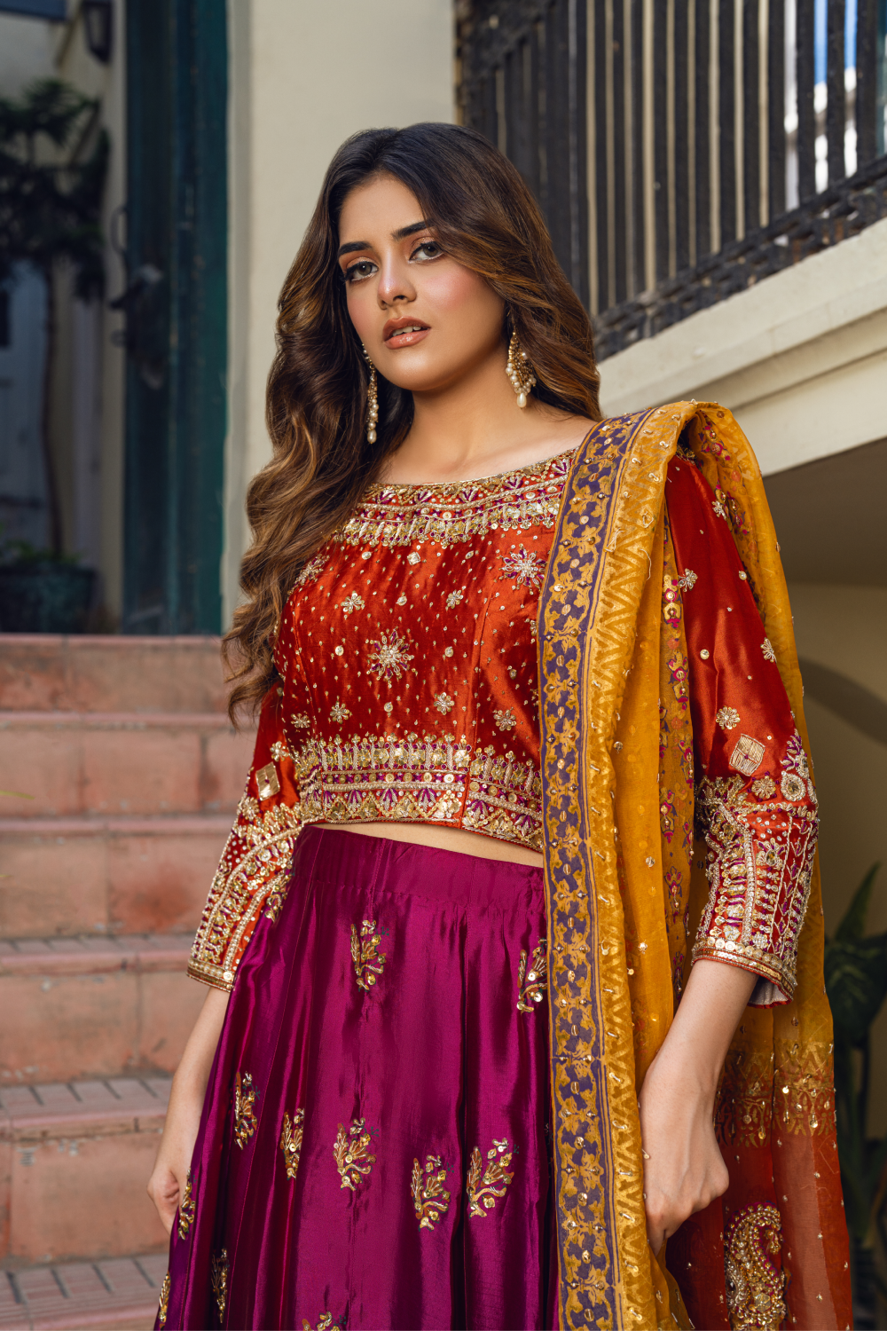 Maroon-Orange Lehenga Choli