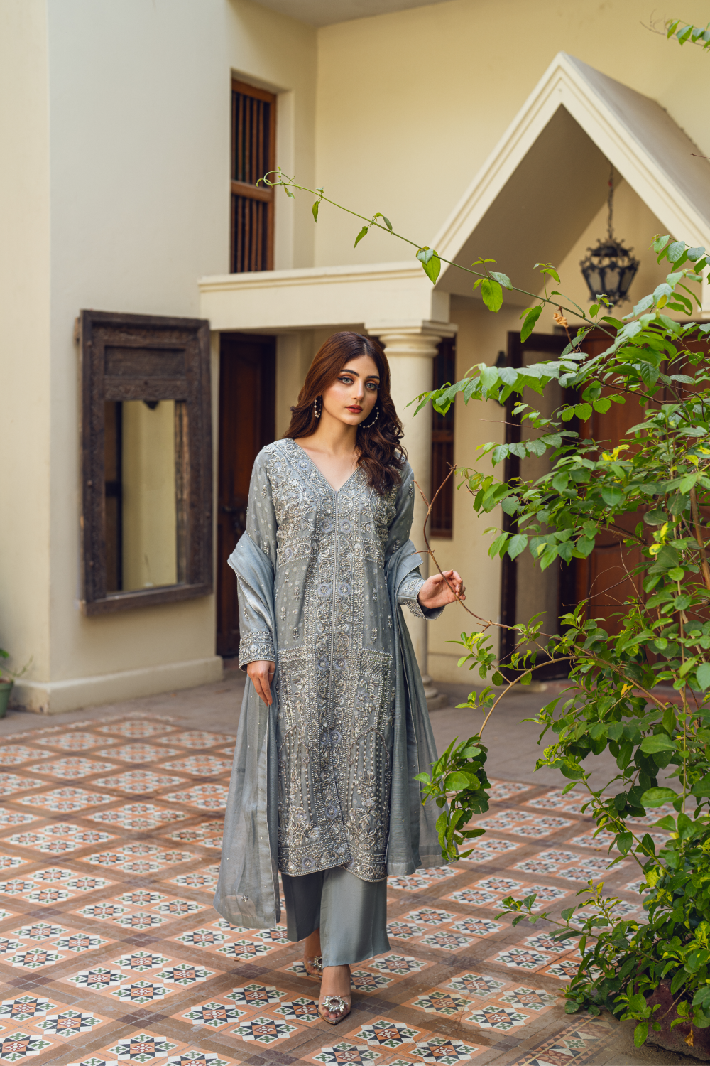 Grey Embroidered Pakistani Suit