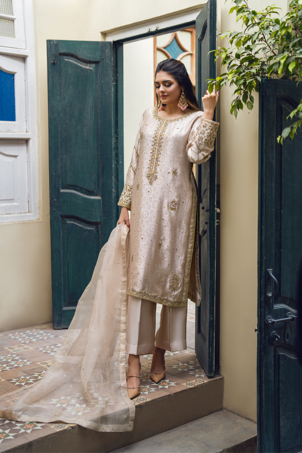 Champagne Embroidered Kurta Set