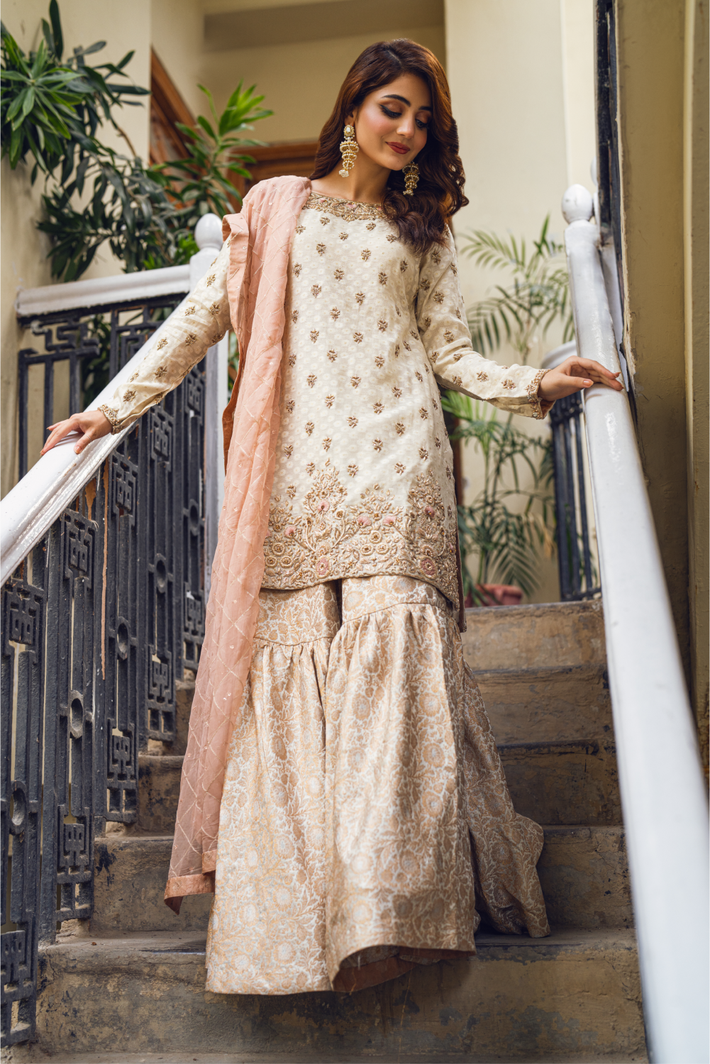 Cream Embroidered Sharara Set