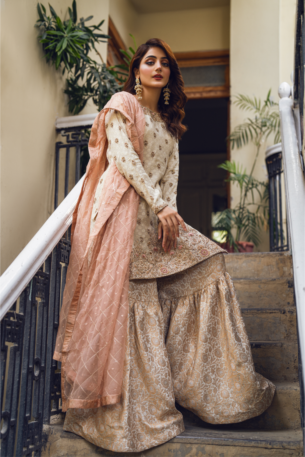 Cream Embroidered Sharara Set