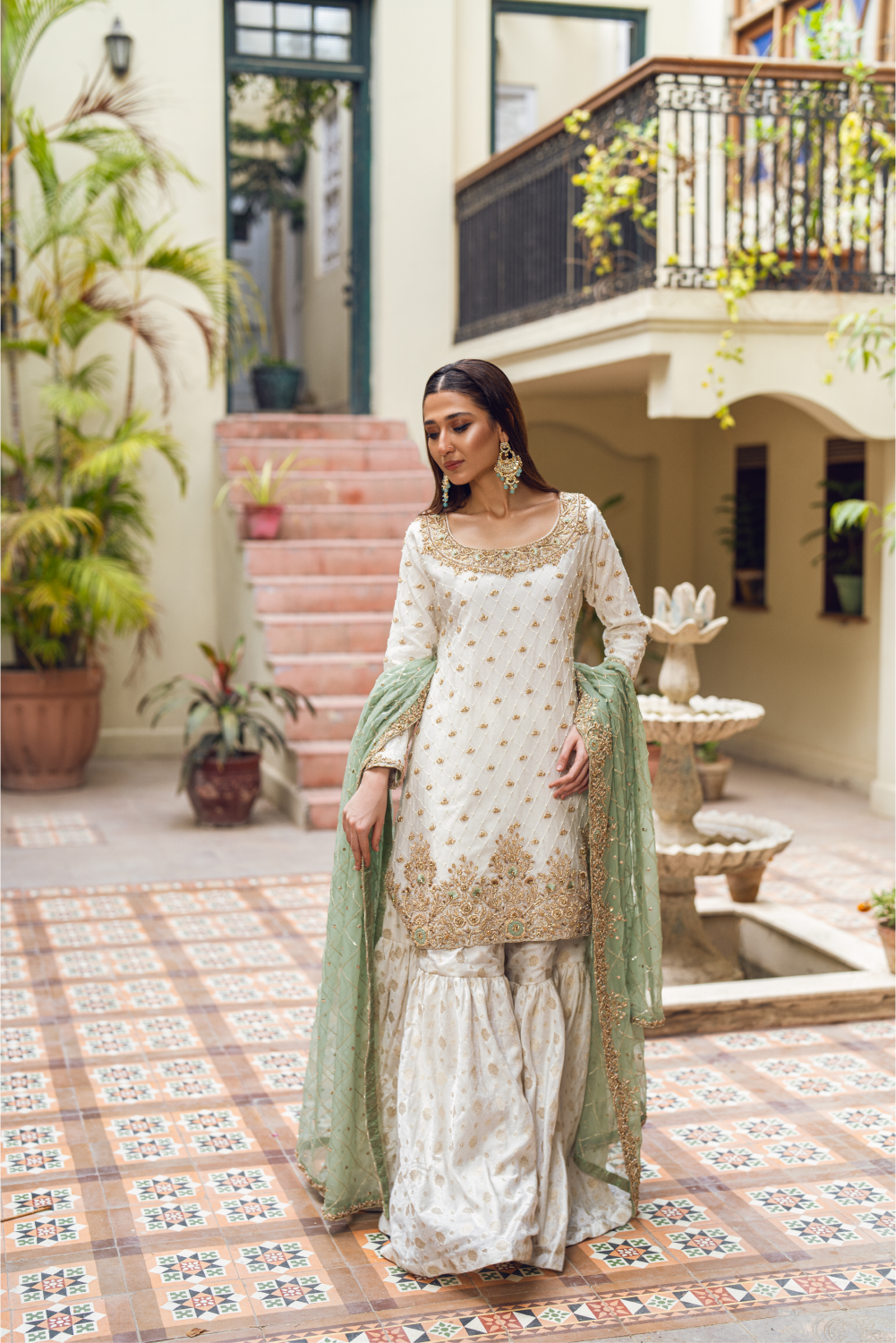 Ivory-Mint Pakistani Sharara Set