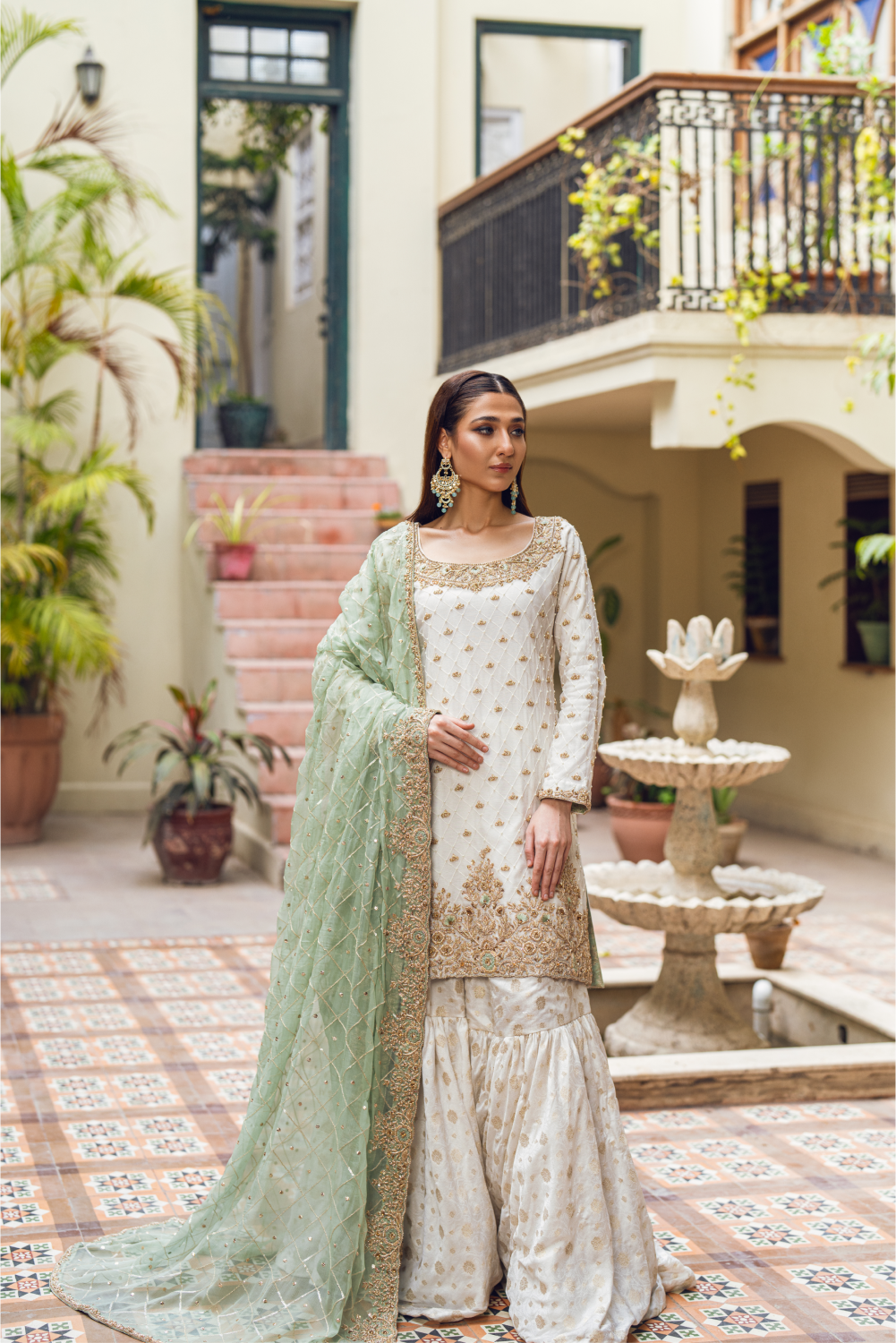 Ivory-Mint Pakistani Sharara Set