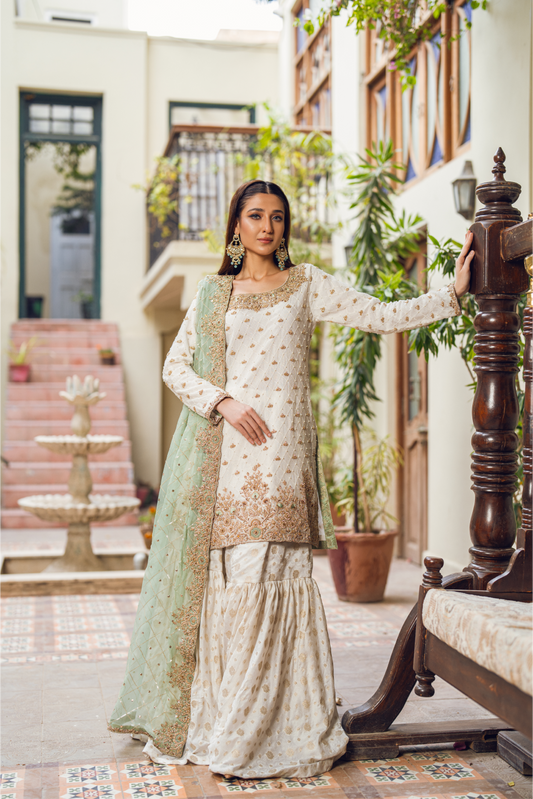 Ivory-Mint Pakistani Sharara Set