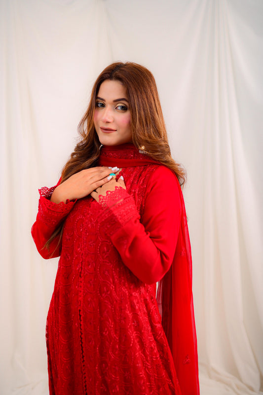 Radiant Elegance- Red Lace Anarkali Dress